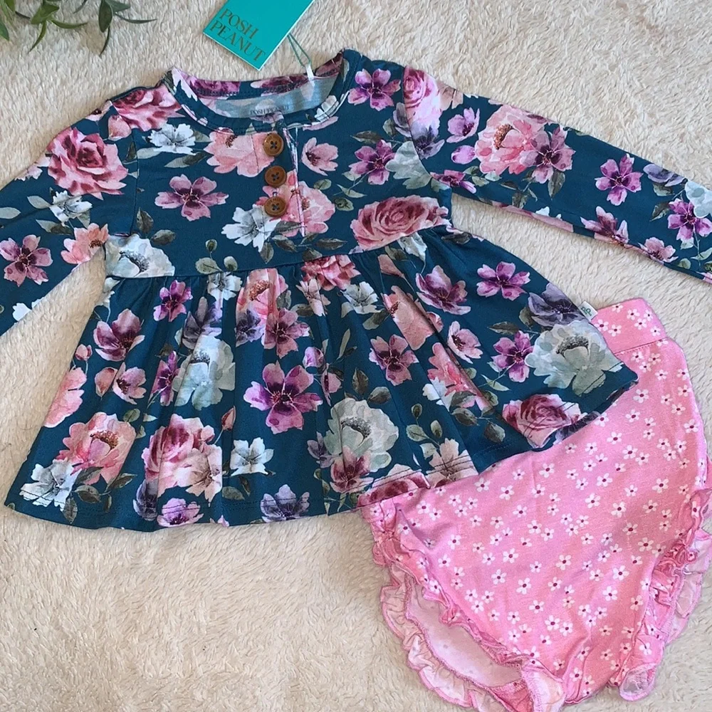 NWT Posh Peanut Keisha Long Sleeve Henley Peplum Top & Bloomer Set 12-18M